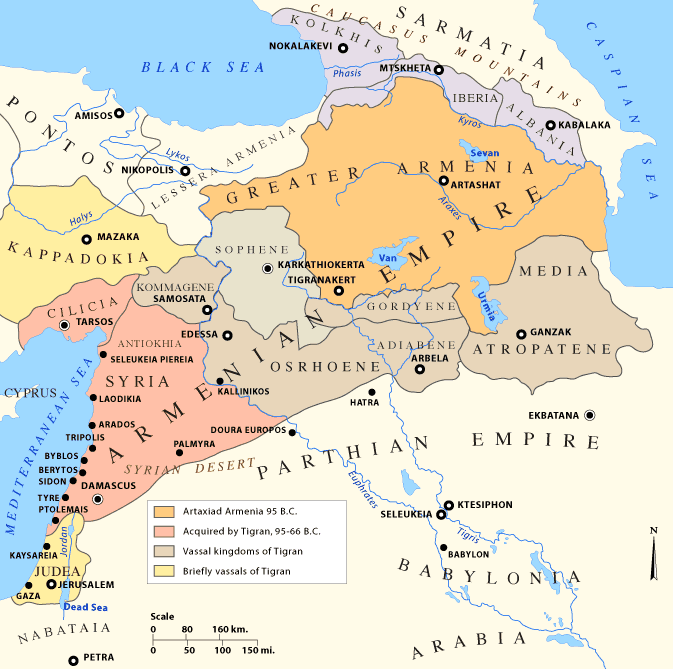 A map of the region, indicating Greater Armenia during the rule of Tigran the Great from 95 to 55 BC, and the extent of his domains up to 66 BC.