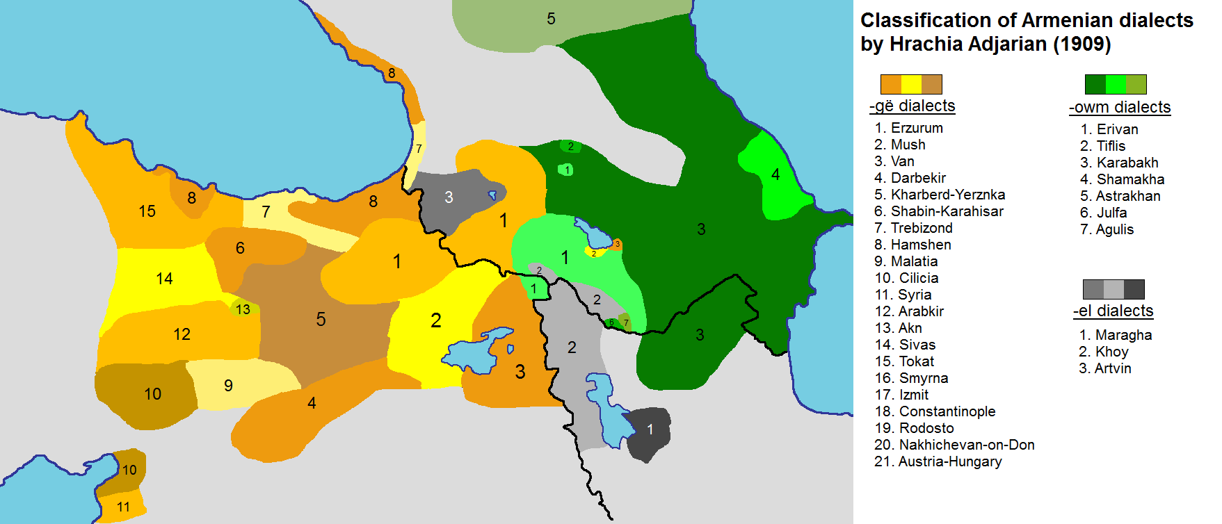 Distribution of Armenian dialects in the Ottoman and Russian empires, according to Adjarian’s Classification des dialectes arméniens, published in 1909; many dialects disappeared as a result of the Armenian Genocide and due to other demographic and social shifts of the 20th century.