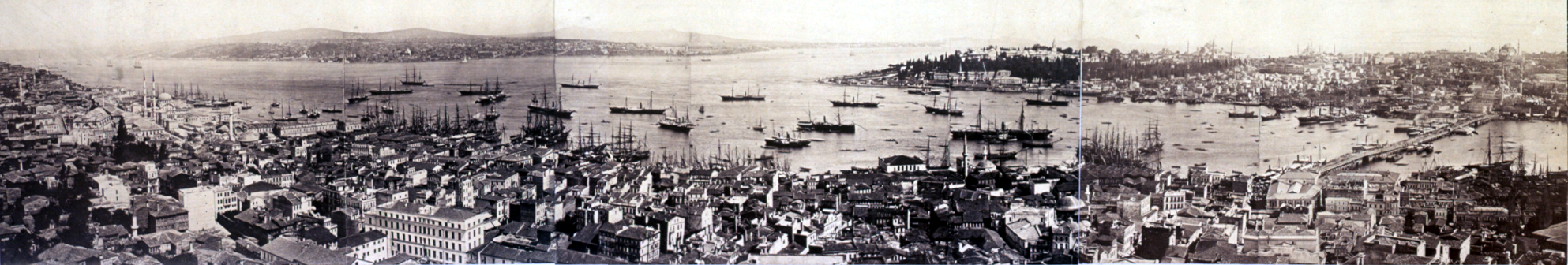 Constantinople around 1870, with a bridge across the Golden Horn seen on the right; the bridge that Mkrdich Cezayirliyan made had already been destroyed more than a decade before this picture was taken, whether by accident or due to sabotage by competitors is not known