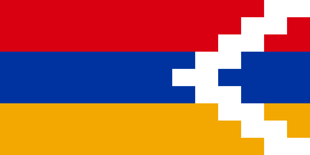 The flag of the Republic of Nagorno-Karabakh, modelled on the flag of the Republic of Armenia and the geography of the region; the white chevrons (zig-zags) mimic designs used when making carpets – a celebrated craft of the area