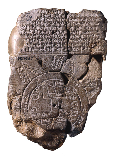 The Babylonian clay tablet map, discovered in the late 19th century.
