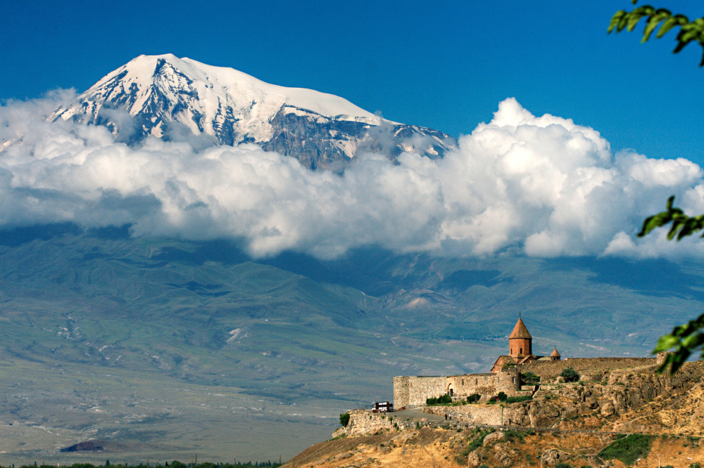 The bigger of the two peaks that make up Mount Ararat, with the monastery of Khor Virap in the foreground, right on the Armenian-Turkish border