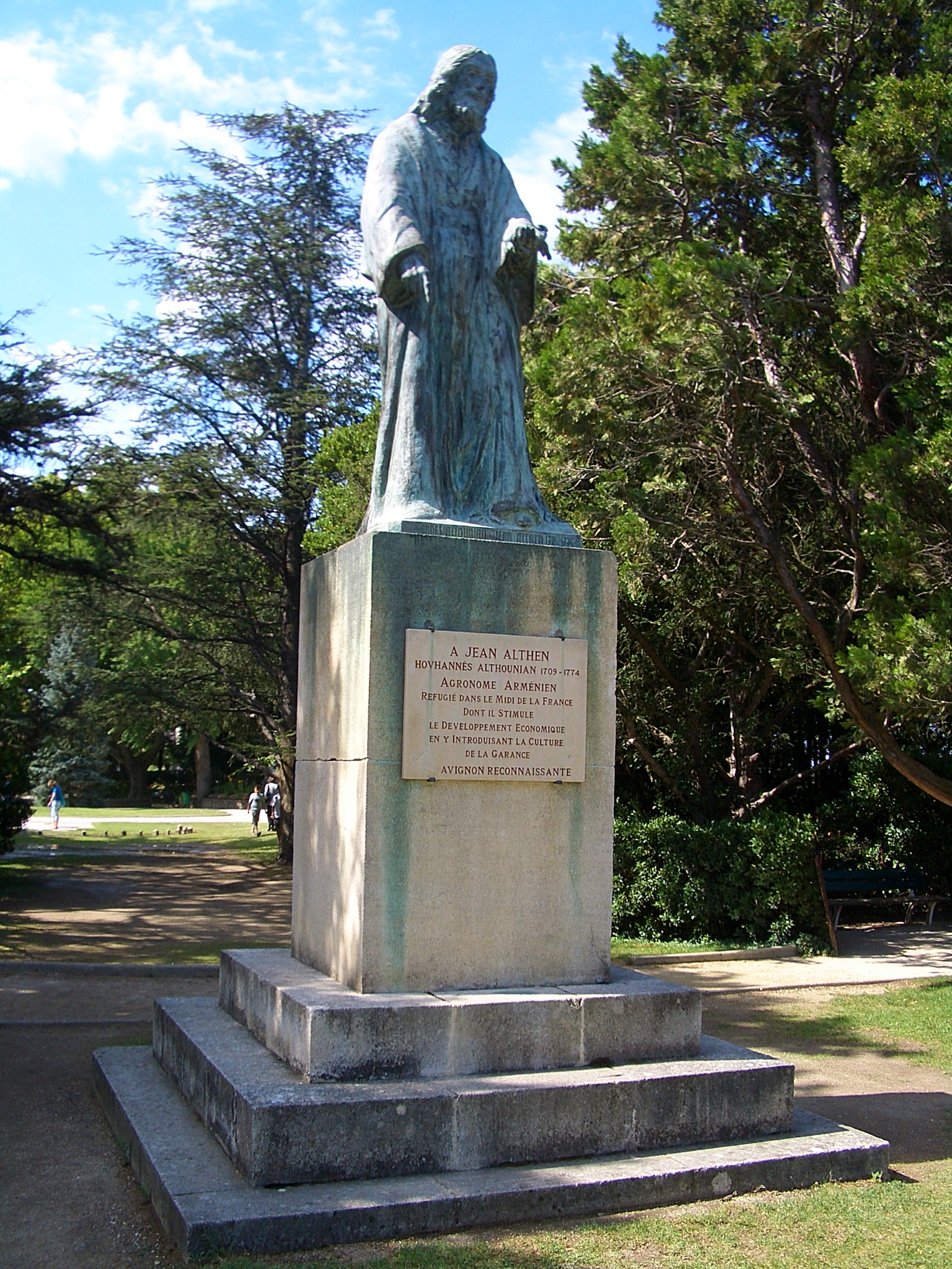 A statute in Avignon, a monument to Jean Althen – Hovhannes Althounian (1709-1774) – an Armenian agronomist who introduced a new dyeing technique, thereby boosting the economy in the south of France in the 18th century; a commune (district) of the country is named after him.