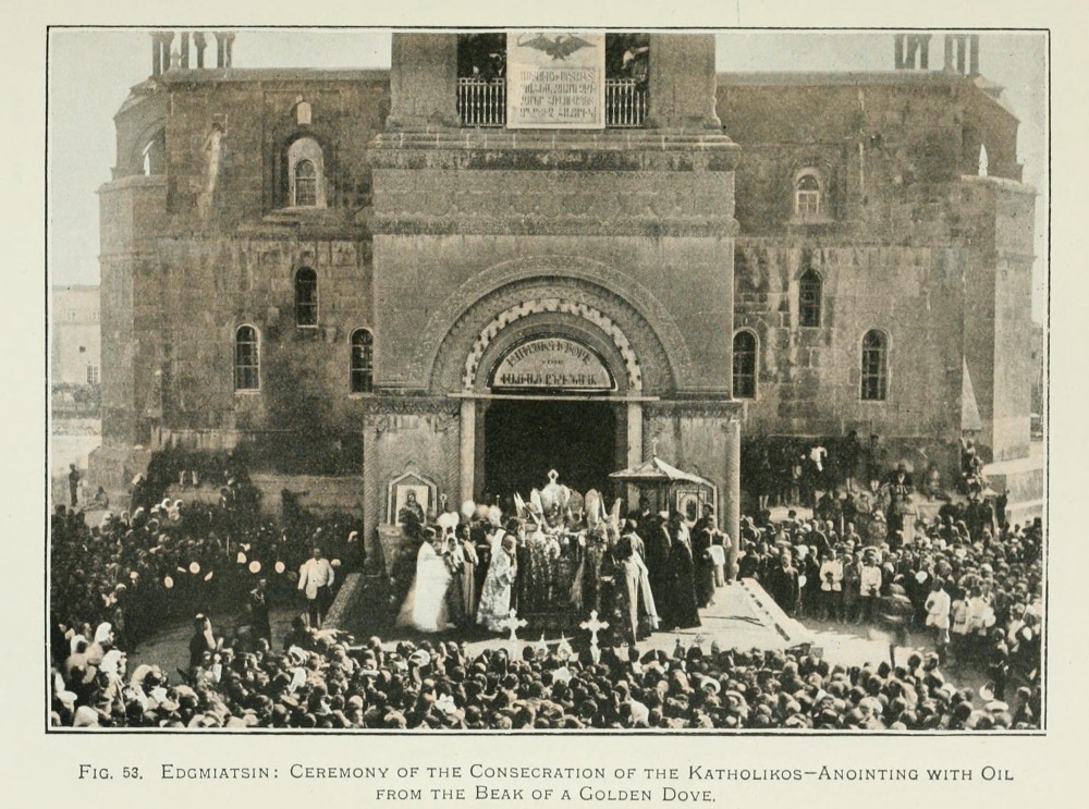 A photograph published in 1901 of Catholicos Mkrtich Khrimyan being anointed with the Holy Muron