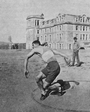 Mgrdich Mgrian practicing a discus throw on campus at Robert College, the school in Constantinople (Istanbul) that both he and co-Olympian Vahram Papazian attended